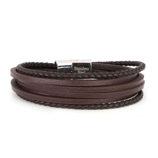 Bracelet made of four smooth and two knitted brown leather & stainless steel clasp