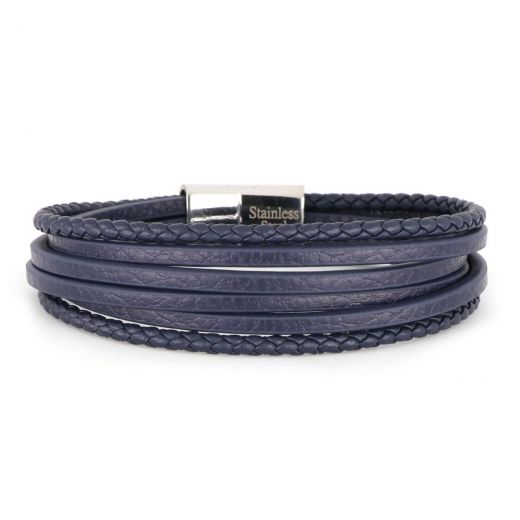 Bracelet made of four smooth and two knitted blue leather  & stainless steel clasp