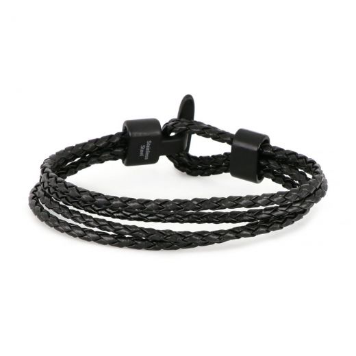 Bracelet made of black knitted leather with black stainless steel anchor