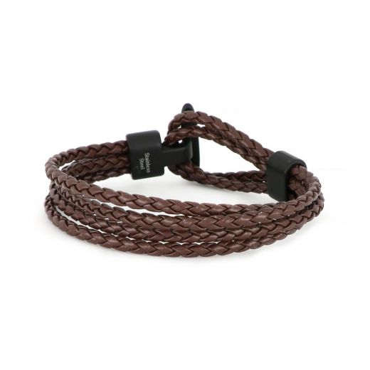 Bracelet made of brown knitted leather with black stainless steel anchor