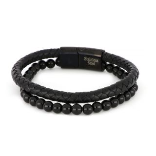 Bracelet made of black knitted leather stones and black stainless steel clasp