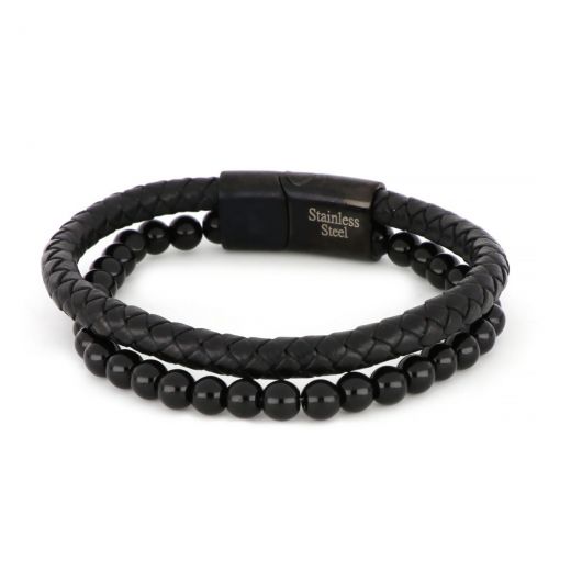 Bracelet made of black knitted leather stones and black stainless steel clasp