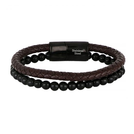 Bracelet made of brown knitted leather stones and  black stainless steel clasp