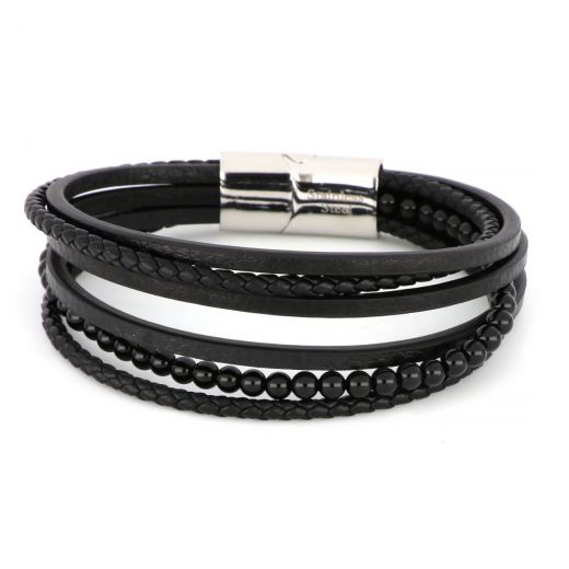 Bracelet made of black leather stones and stainless steel clasp