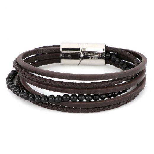 Bracelet made of brown leather stones and stainless steel clasp