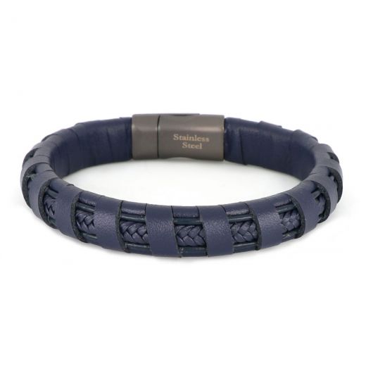 Bracelet made of blue knitted and flat  leather with grey stainless steel clasp