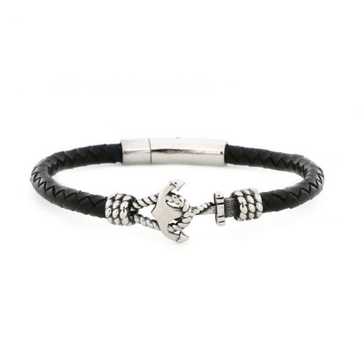Bracelet made of black knitted leather and anchor made of stainless steel