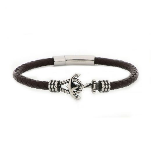 Bracelet made of brown knitted leather and anchor made of stainless steel