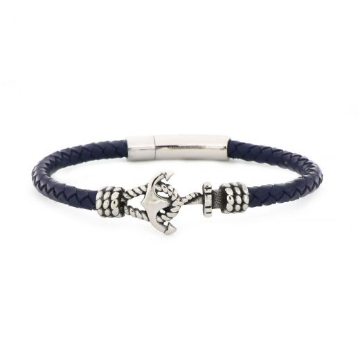 Bracelet made of blue knitted leather and anchor made of stainless steel
