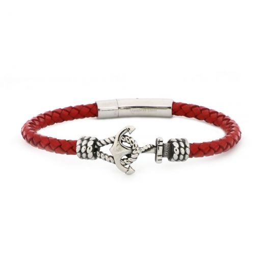 Bracelet made of red knitted leather and anchor made of stainless steel