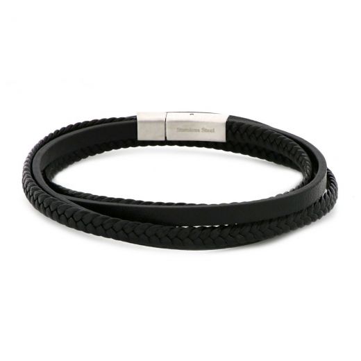 Bracelet made of two knitted and two flat black leather with stainless steel clasp