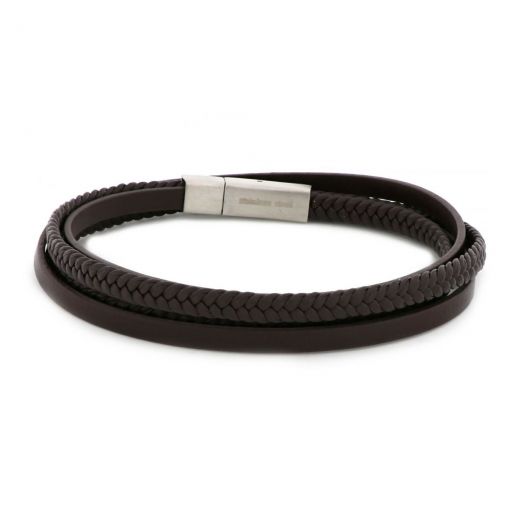 Bracelet made of two knitted and two flat brown leather with stainless steel clasp