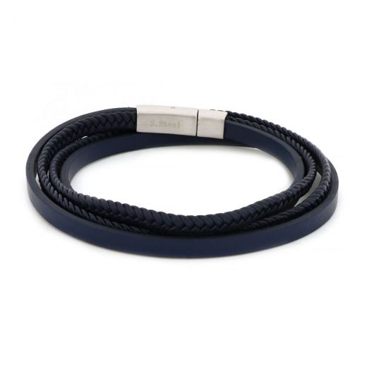 Bracelet made of two knitted and two flat blue leather with stainless steel clasp