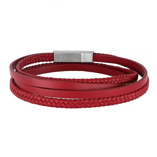 Bracelet made of two knitted and two flat red leather with stainless steel clasp