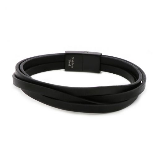 Bracelet made of four flat black leather with stainless steel  black clasp