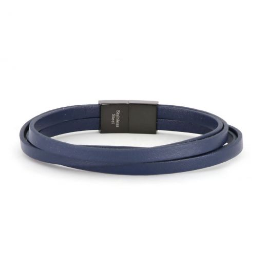 Bracelet made of four flat blue leather with stainless steel  black clasp