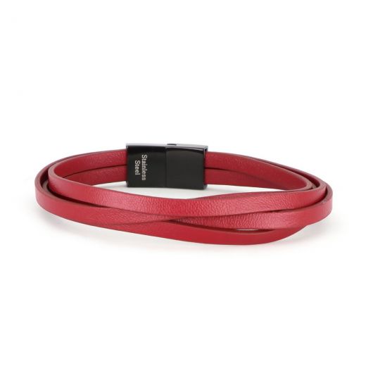 Bracelet made of four flat red leather with stainless steel  black clasp