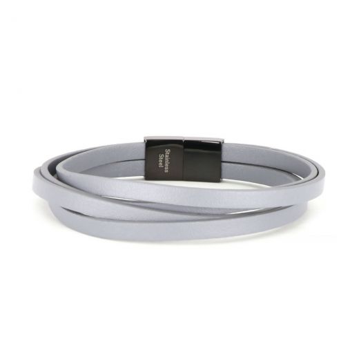 Bracelet made of four flat grey leather with stainless steel  black clasp
