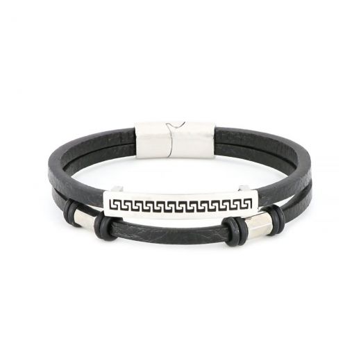 Bracelet made of black leather with meander and stainless steel clasp