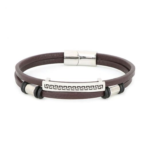 Bracelet made of brown leather with meander and stainless steel clasp