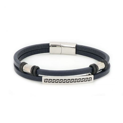 Bracelet made of blue leather with meander and stainless steel clasp