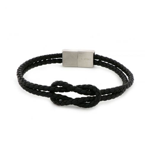 Bracelet made of black knitted leather in knot design and stainless steel clasp