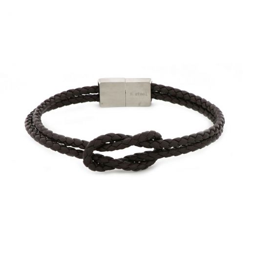 Bracelet made of brown knitted leather in knot design and stainless steel clasp