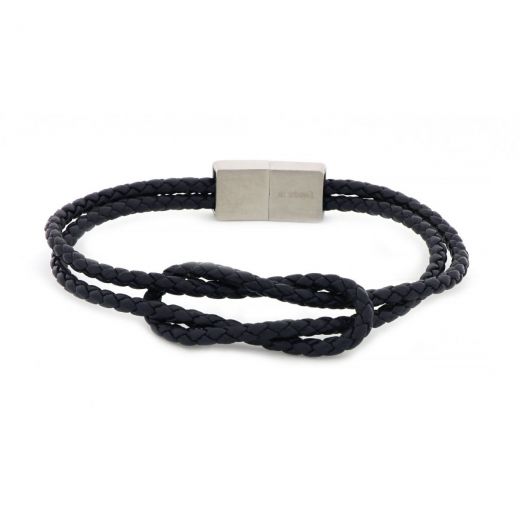 Bracelet made of blue knitted leather in knot design and stainless steel clasp