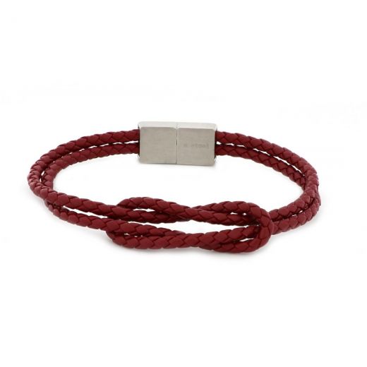 Bracelet made of red knitted leather in knot design and stainless steel clasp