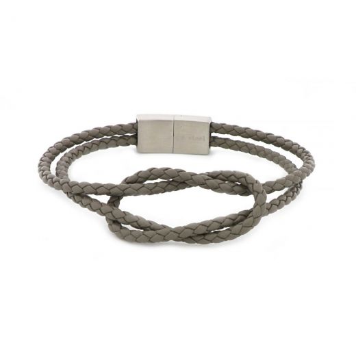 Bracelet made of grey knitted leather in knot design and stainless steel clasp