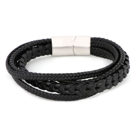 Bracelet made of five black knitted leather and stainless steel clasp