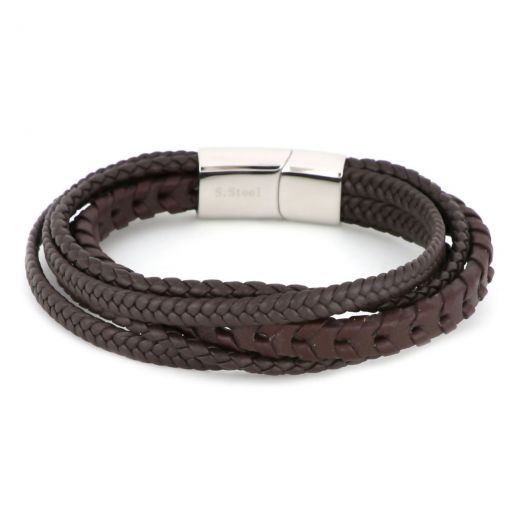 Bracelet made of five brown knitted leather and stainless steel clasp