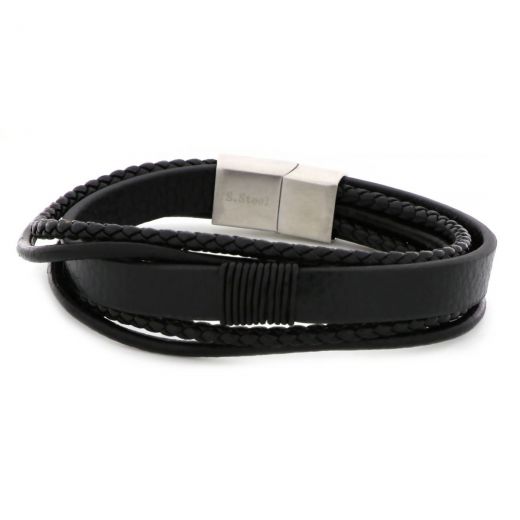 Bracelet made of one wide and four thin black leather with stainless steel clasp