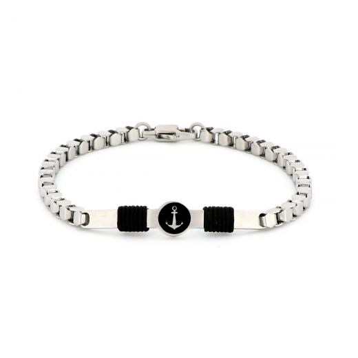 Bracelet made of stainless steel with anchor in black background and black cord