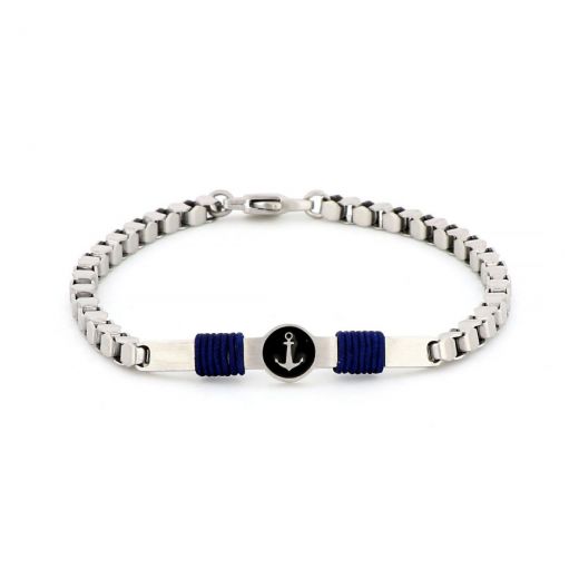 Bracelet made of stainless steel with anchor in black background and blue cord