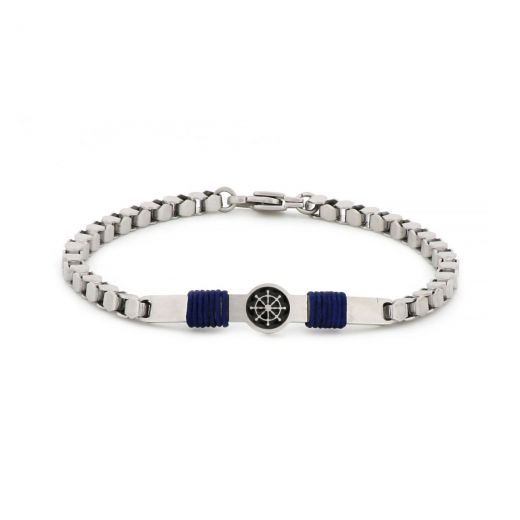 Bracelet made of stainless steel with naval steering wheel in black background and blue cord