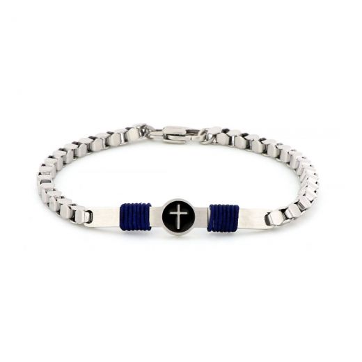 Bracelet made of stainless steel with cross in black background and blue cord