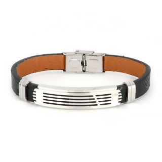 Leather bracelet with white plate and lines made of stainless steel