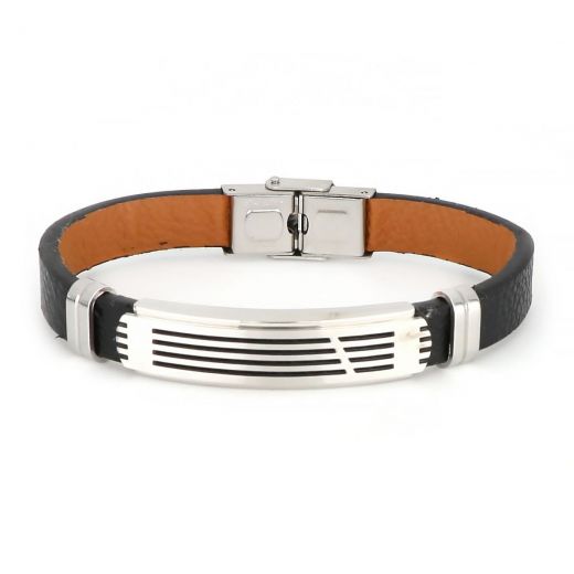 Leather bracelet with white plate and lines made of stainless steel