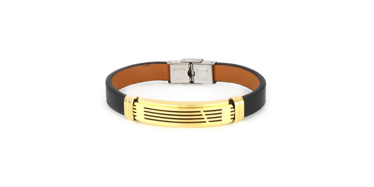 Men's leather bracelet with gold steel plate with lines Asimetrico.gr