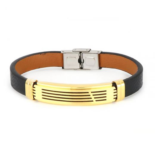 Leather bracelet with gold plated flat and lines made of stainless steel