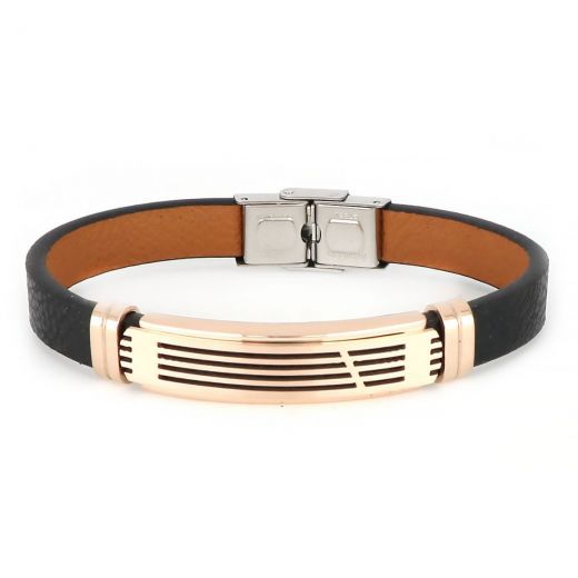 Leather bracelet with rose gold flat and lines made of stainless steel