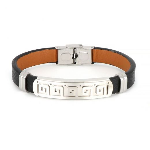 Leather bracelet with white flat and meander design made of stainless steel