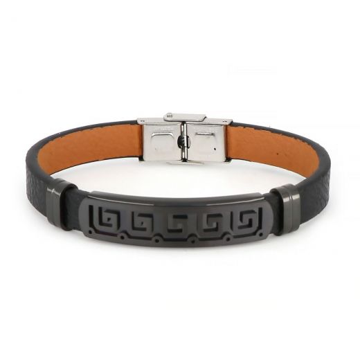 Leather bracelet with black flat and meander design made of stainless steel