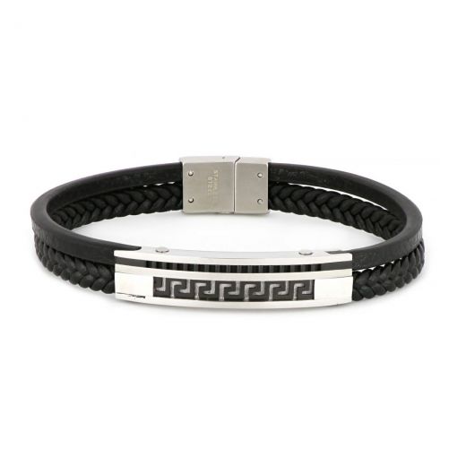 Bracelet made of one knitted and one flat black leather in white color with meander design made of stainless steel