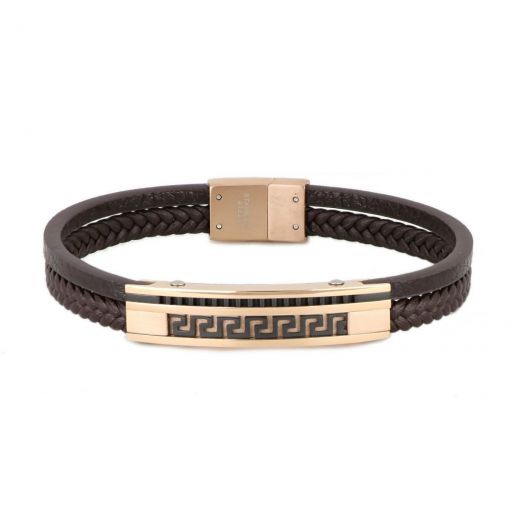 Bracelet made of one knitted and one flat brown leather in rose gold color with meander design made of stainless steel