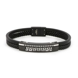 Bracelet made of one knitted and one flat black leather  in black color with meander design made of stainless steel