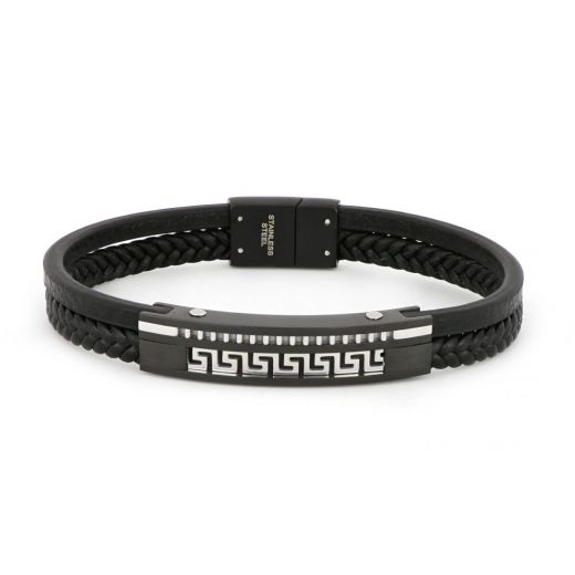 Bracelet made of one knitted and one flat black leather  in black color with meander design made of stainless steel