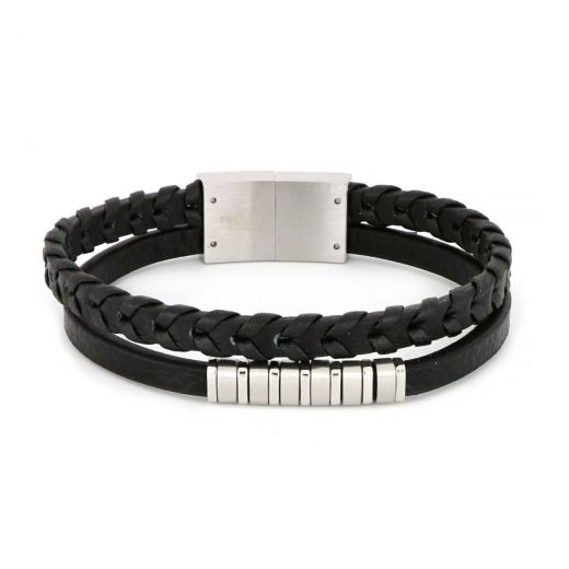 Bracelet made of one knitted and one flat black leather with white components made of stainless steel