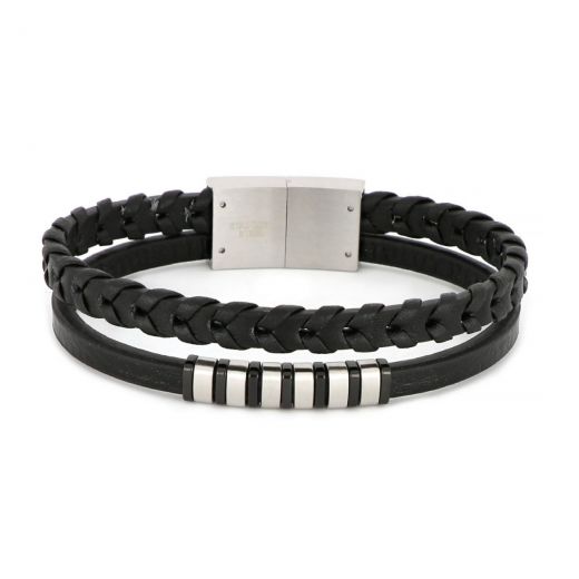 Bracelet made of one knitted and one flat black leather with white and black components made of stainless steel